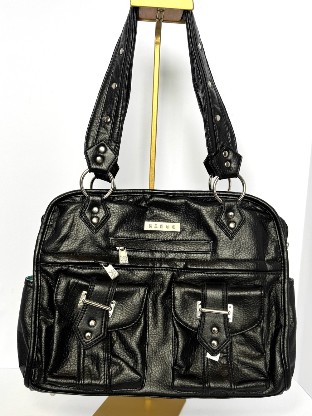 Kaboo Black Faux Leather Multi-Pocket Tech Laptop Shoulder Bag Y2K